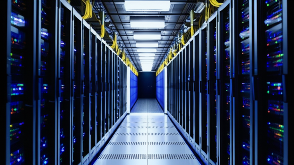 Centro de datos moderno con servidores y luces LED azules